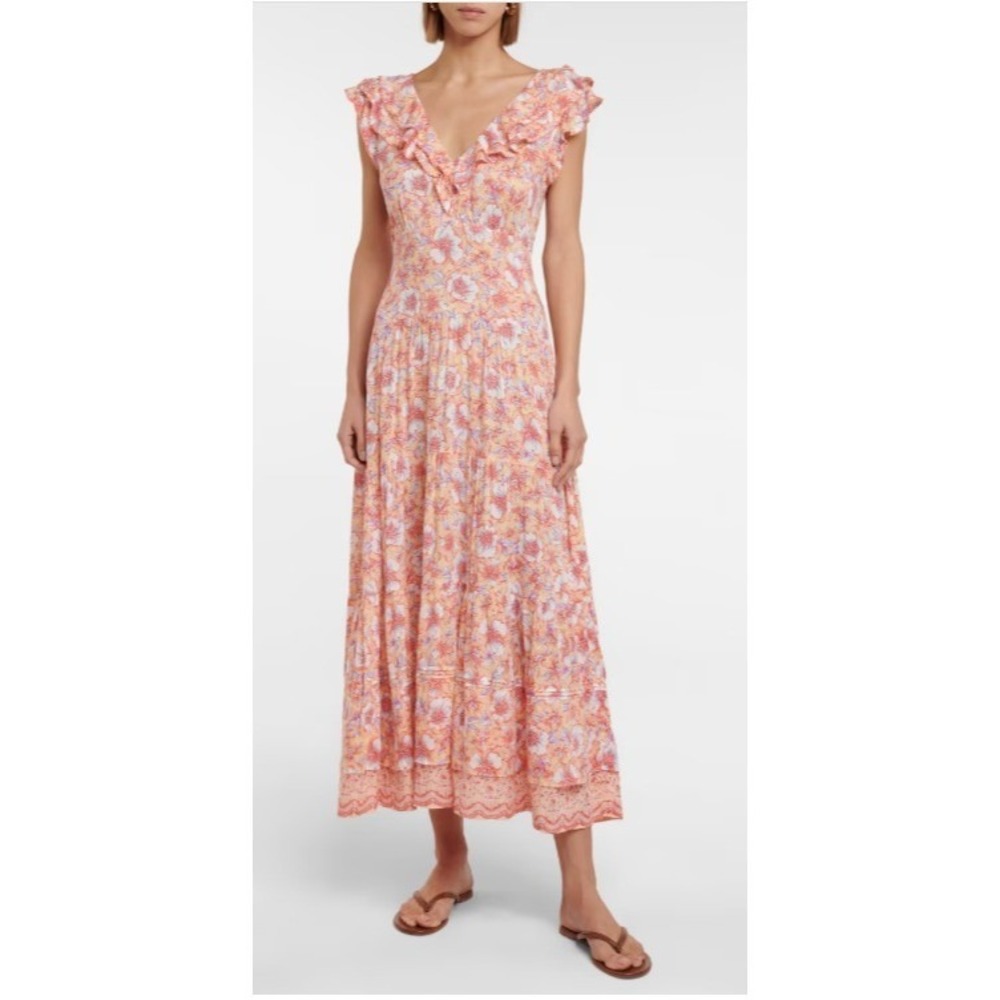 Poupette St Barth Della Maxi Floral Ruffle V-Neck Maxi Dress Orange Small